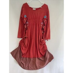 Embroidered Floral Red Dress Hippie‎ Festival Boho Side Ties Dark Pink Sz M